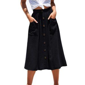 Women's High Waisted Pleated Midi Skirt w/ Pockets - Black